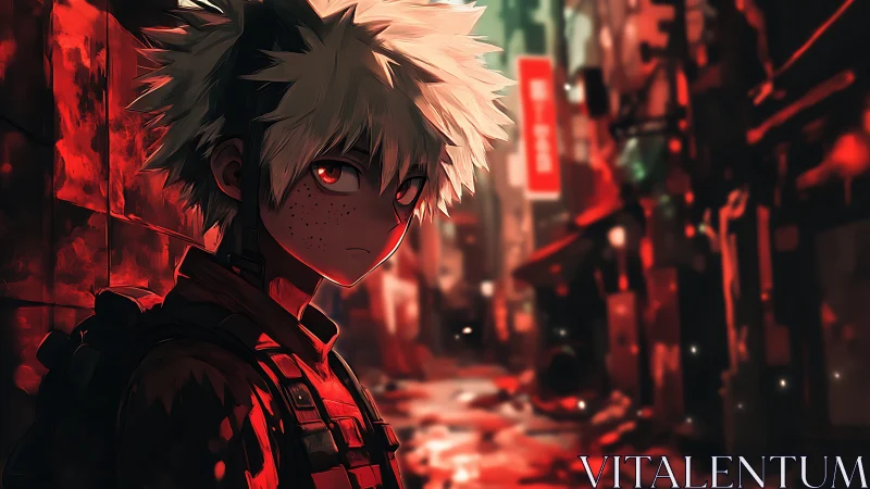 Brooding white haired youth in blood red alleyway glow.
