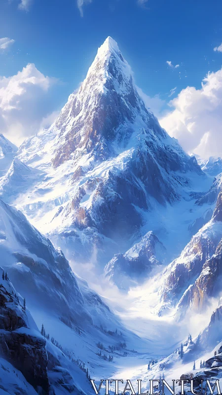 Snow-crowned titan rising into a boundless winter sky.