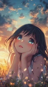 Dreamlit meadow girl gazes into a sky of falling sparks.