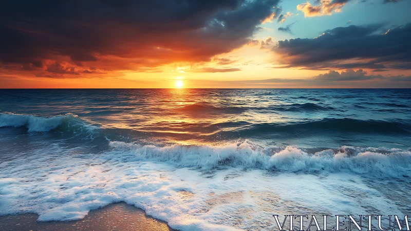 Gentle ocean waves welcome the day with glowing sunrise light.