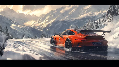 Orange track car powers through reflective alpine snow road.