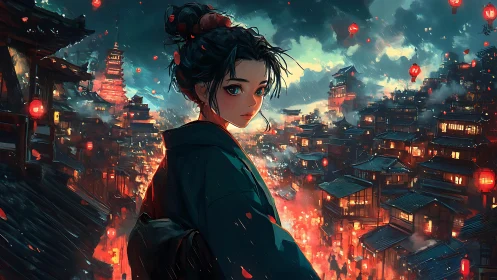 Rain-soaked lantern cityscape with solitary kimono-clad girl