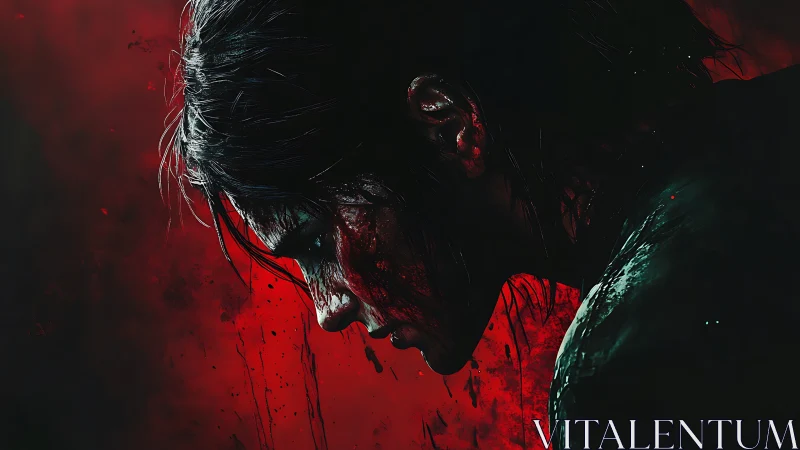 Bloodied warrior profile against intense crimson field.