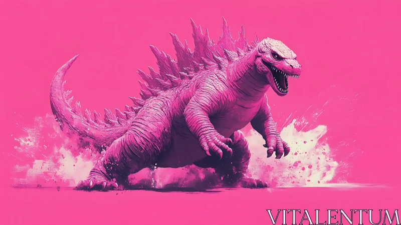 Monochrome magenta kaiju sprinting through splashing debris