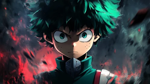 Intense green-haired anime hero amid blazing abstract storm.