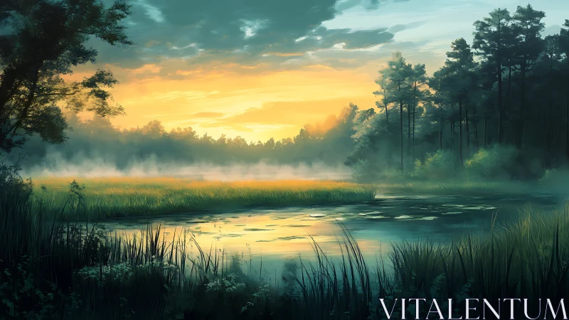 Sunrise mist over tranquil forest river landscape.