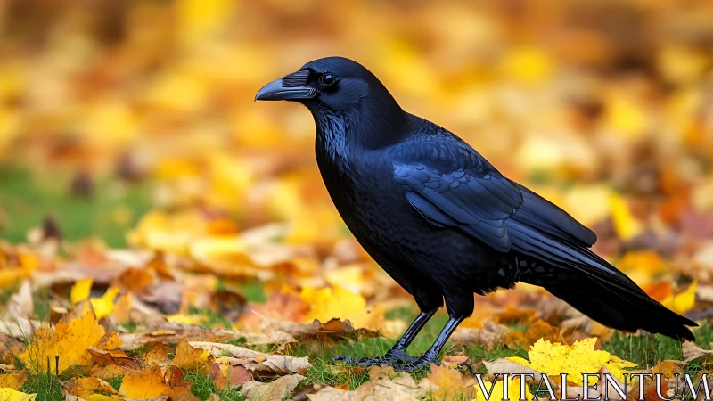 Majestic black raven on autumn leaves, vibrant nature photography.