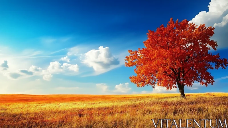 Solitary deciduous tree in autumn field under open sky.