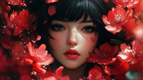 Gentle gaze blooms softly among vivid red spring flowers