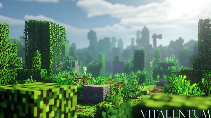 Pixelated forest landscape with overgrown structures