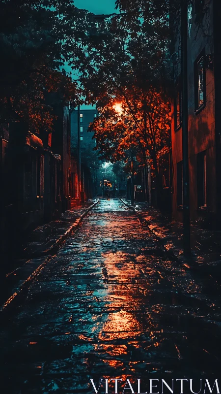 Wet cobblestone alley at night with contrasting neon lighting.