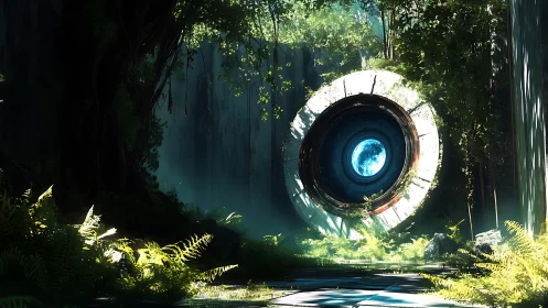 Moonlit jungle portal hums within forgotten metal halo.