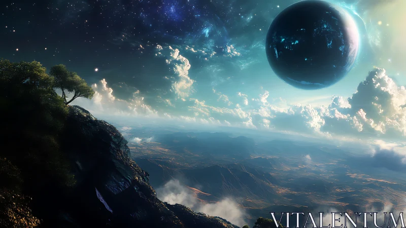 Solitary cliffside tree greeting a colossal twilight planet.