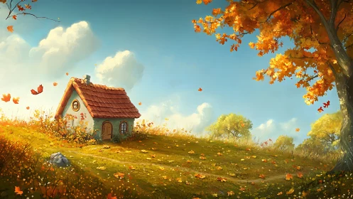 Cozy cottage rests under bright autumn sky on hillside.