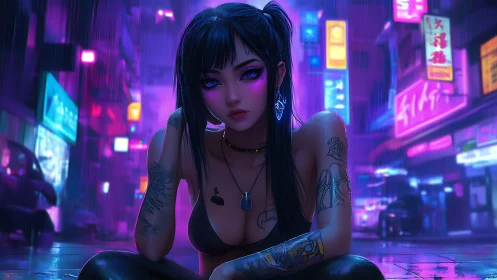 Neon-lit cyberpunk street portrait applies strong rim lighting and depth