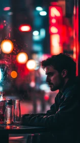 Man sitting alone at bar table in neon city night scene.