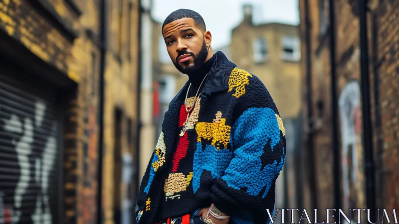Street portrait with textured knit jacket and urban depth of field.
