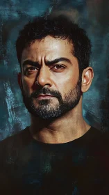 Storm-eyed portrait of a brooding bearded man in teal dusk.