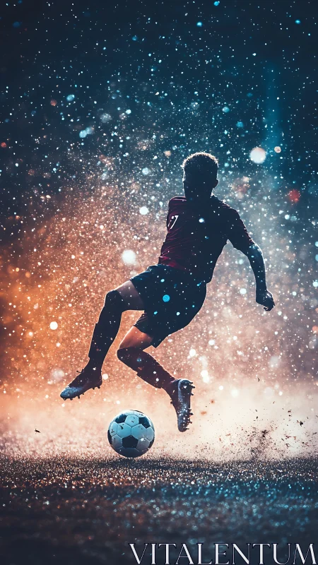 Soccer player leaps through glowing rain on night field.