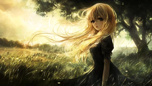 Girl with long blonde hair stands in a windy sunlit field
