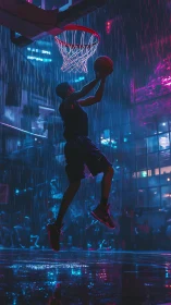Cyberpunk street baller drives to hoop under neon rainfall