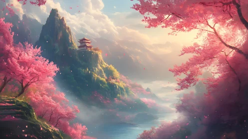 Layered sakura valley with atmospheric depth and temple silhouettes