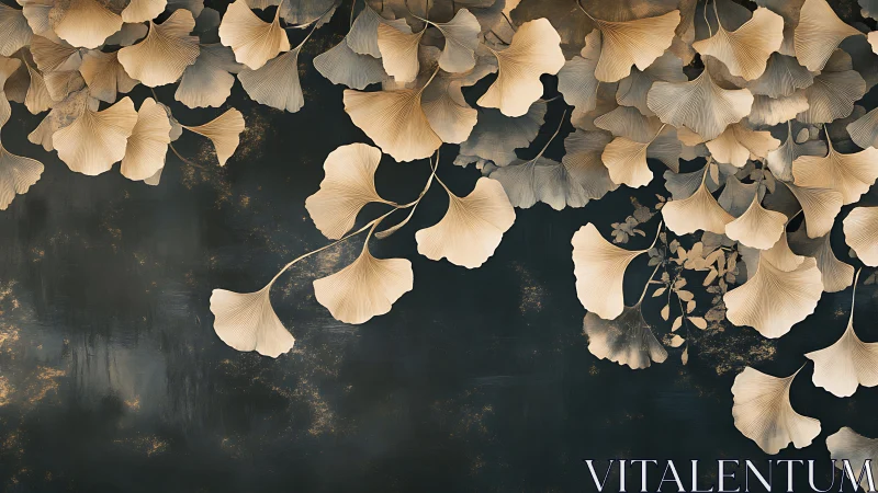 Metallic ginkgo leaves across dark textured backdrop.