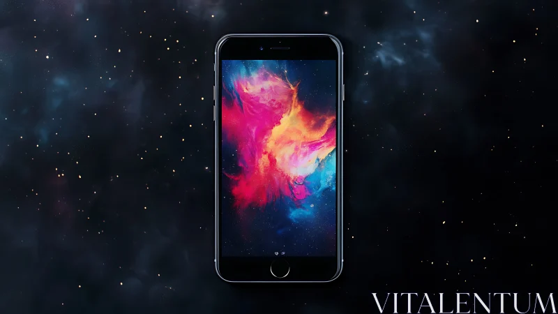 Smartphone displays vibrant nebula artwork against star field