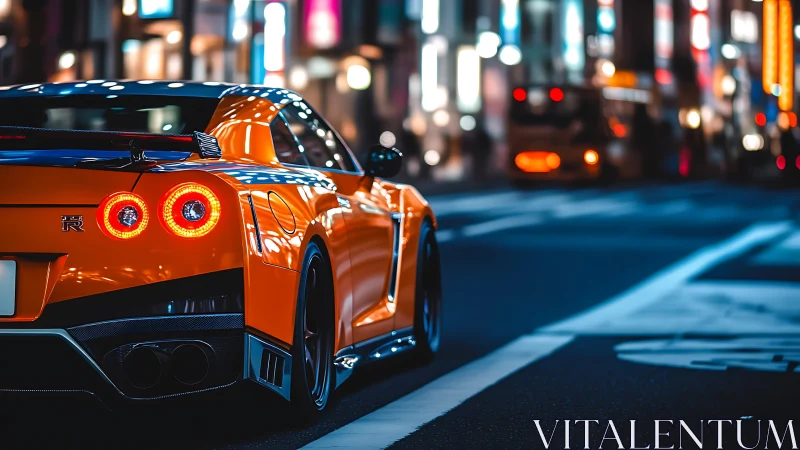 Neon-lit orange sports car idling on glossy night street.