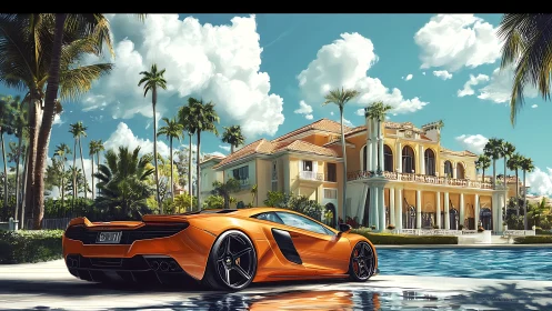 Orange supercar parked beside pool in front of mansion