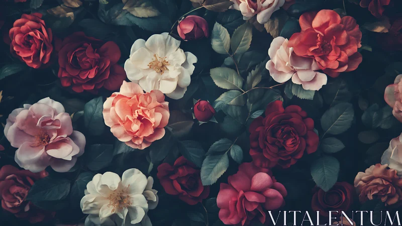 Romantic Garden Roses: Layered Blooms Against Deep Emerald Foliage.