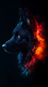 Fiery spirit of a midnight wolf glows against the dark sky