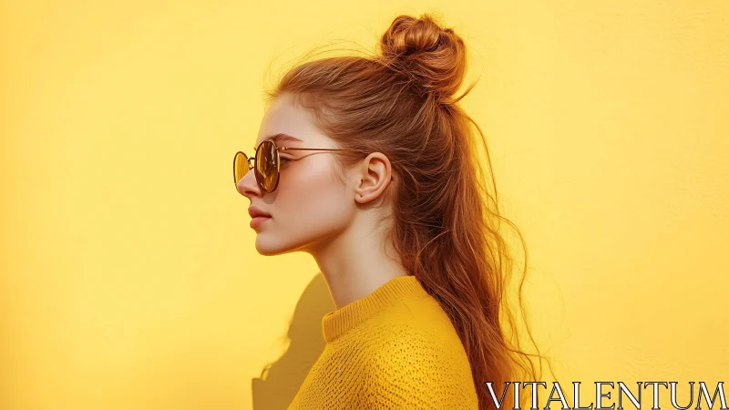 Side profile of woman in yellow against solid wall.