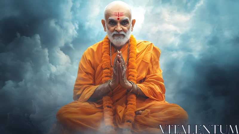 Elderly Hindu monk in orange robes meditates amid dynamic clouds