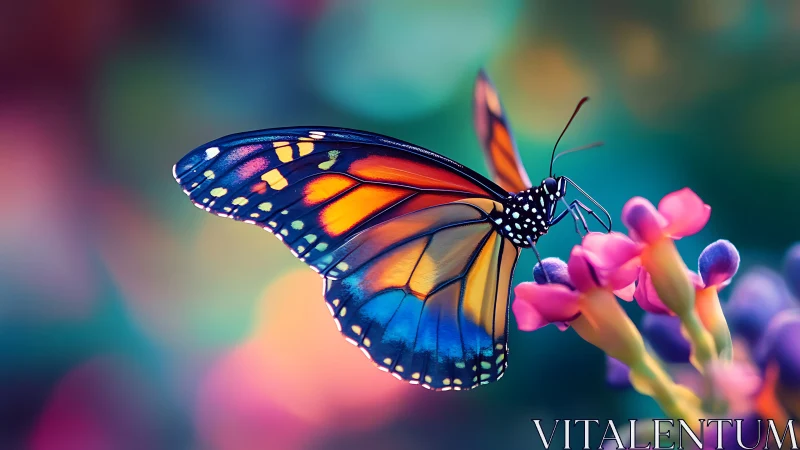Iridescent butterfly rests on blossoms in dreamy light.