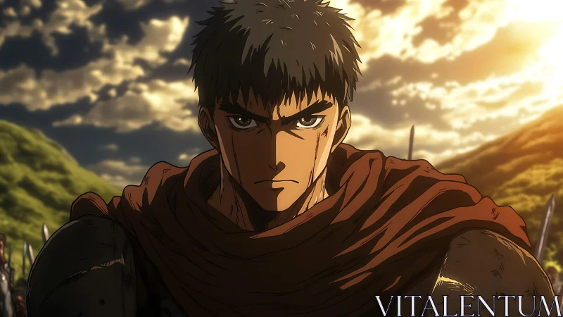 Armored anime warrior stares forward under dramatic sunset sky