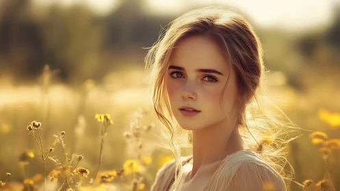 Young woman in soft golden light among meadow flowers.