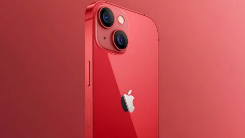 iPhone 13 in PRODUCT RED displayed at angle showing dual camera system