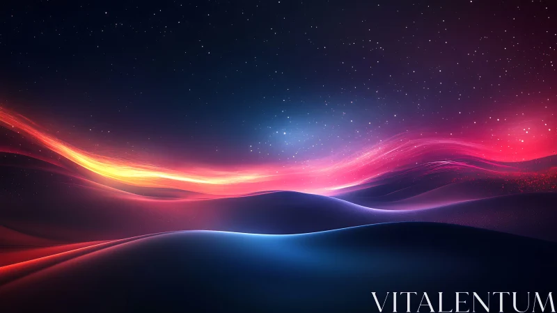 Colorful abstract light waves over dark rolling hills.