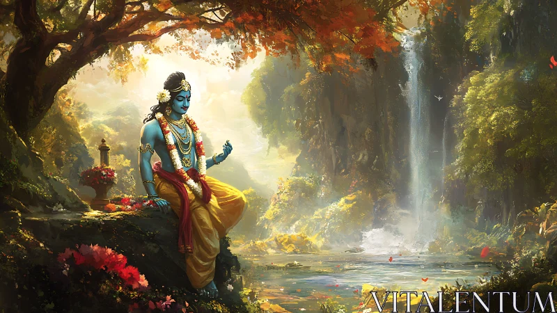 Blue-skinned deity figure in dense forest waterfall setting.