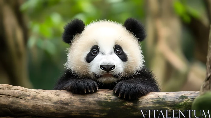 Baby panda leans on a tree log and looks directly forward