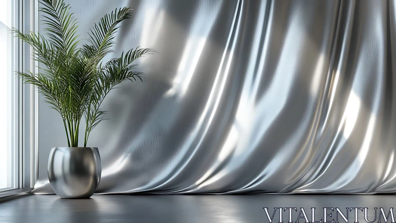 Metallic curtain frames potted palm beside sunlit window