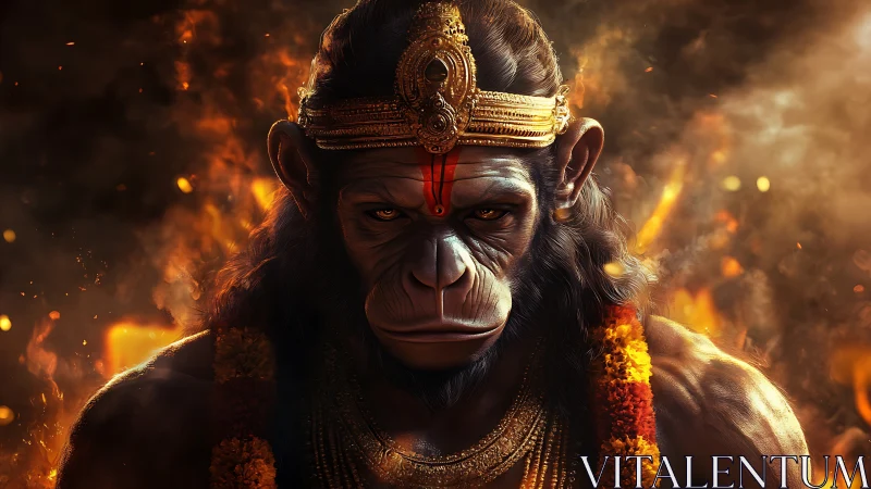 Regal monkey guardian crowned in firelit devotion.