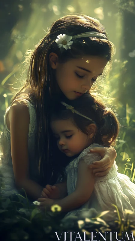 Forest sunbeams cradle two dreaming sisters in soft hush