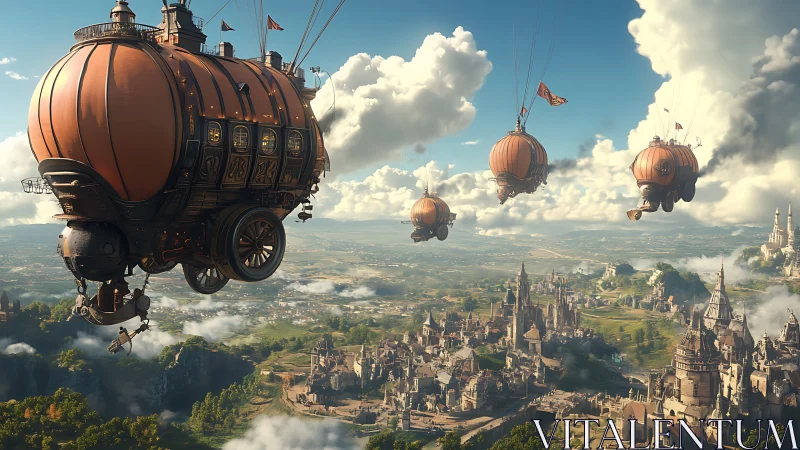 Steampunk airship flotilla above sprawling fantasy cityscape.