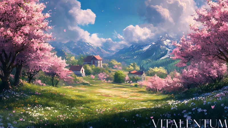 Idyllic alpine valley in spring rendered as luminous digital painting