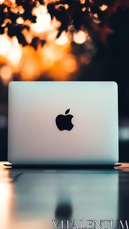 Closed silver laptop with logo on table outdoors at dusk.