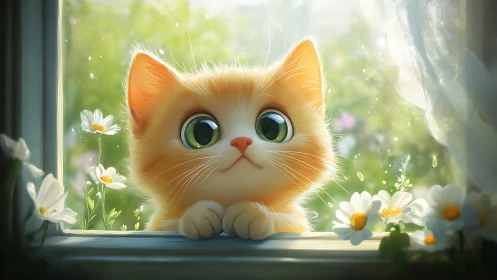 Luminous ginger cat observes daisies through sunlit window with bokeh atmosphere.