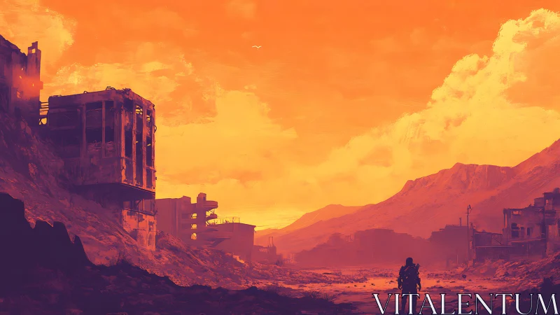 Solitary armored figure surveys post-apocalyptic ruins at orange dusk