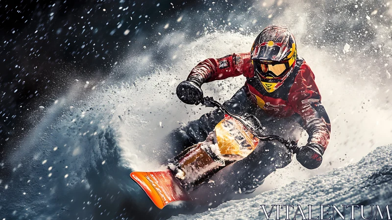 Snowbike rider carves high-speed turn through powder spray